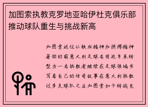 加图索执教克罗地亚哈伊杜克俱乐部推动球队重生与挑战新高