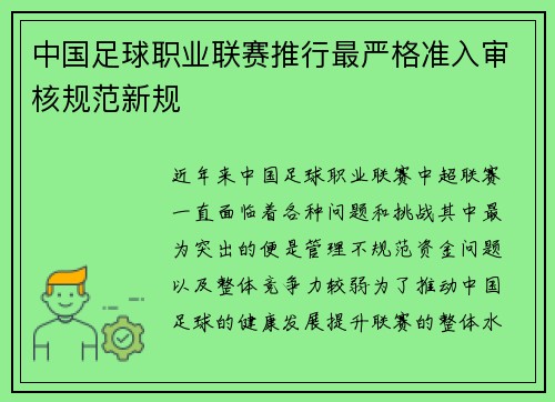 中国足球职业联赛推行最严格准入审核规范新规 中国足球职业联赛推行最严格准入审核规范新规